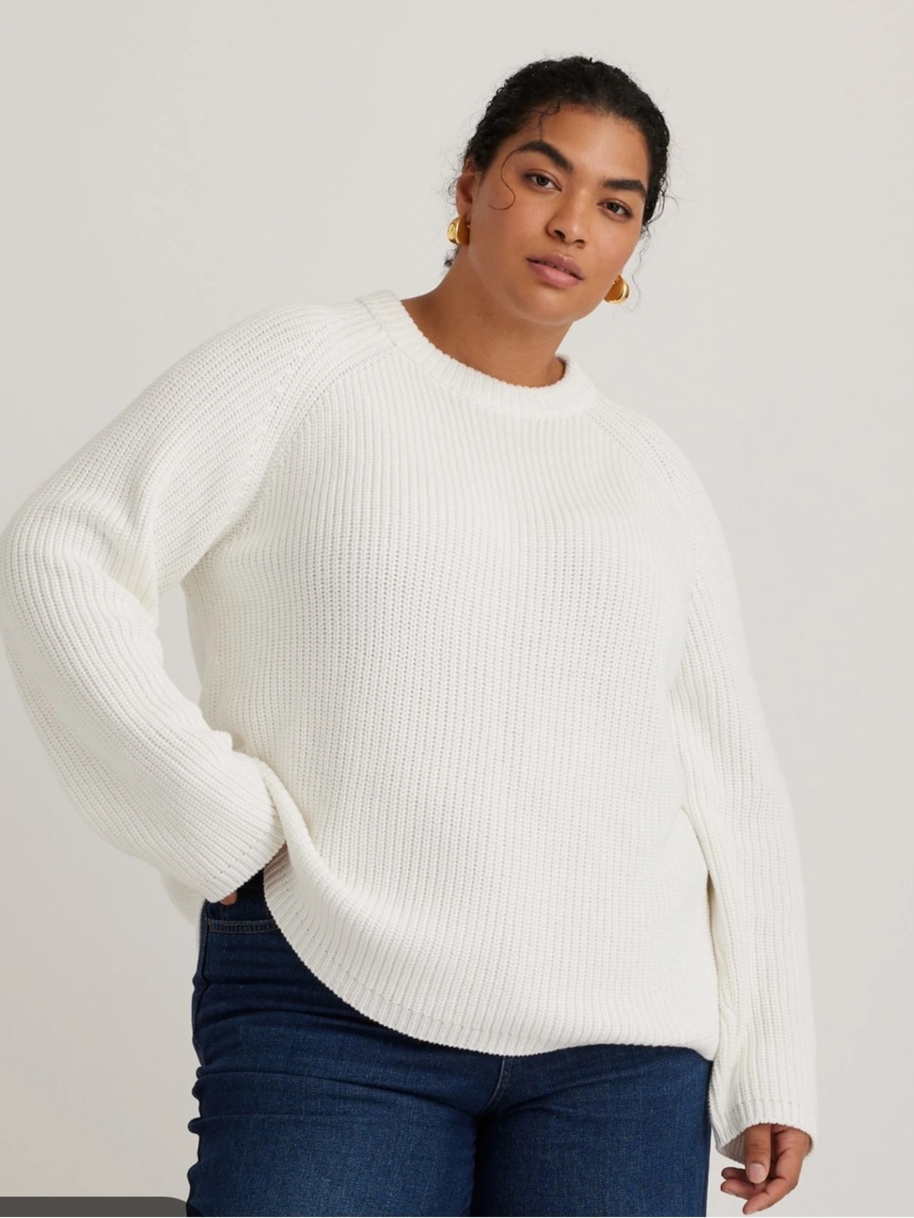 Quince Organic Cotton Fisherman White Ribbed Crewneck Sweater Women Large
